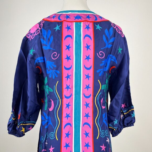 $398 NWOT Johnny Was Silk Blend Floral Mini Dress Size S Lace-up Stars Moon - Picture 7 of 13